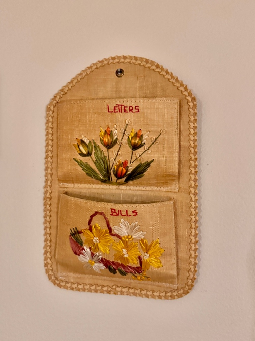 Hand-Embroidered Two-Pocket Wall Organizer - Yellow Floral